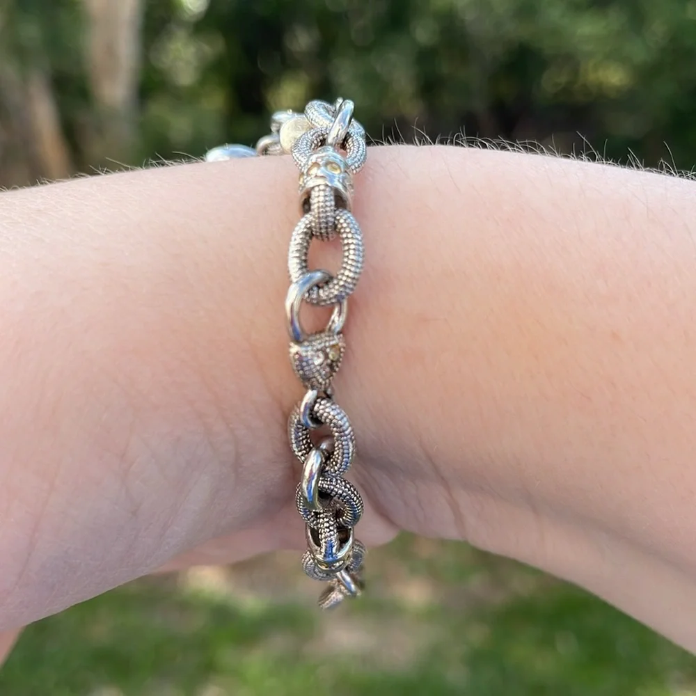 Vintage 925 Textured Silver Heart and Cubic Zirconia Toggle Bracelet